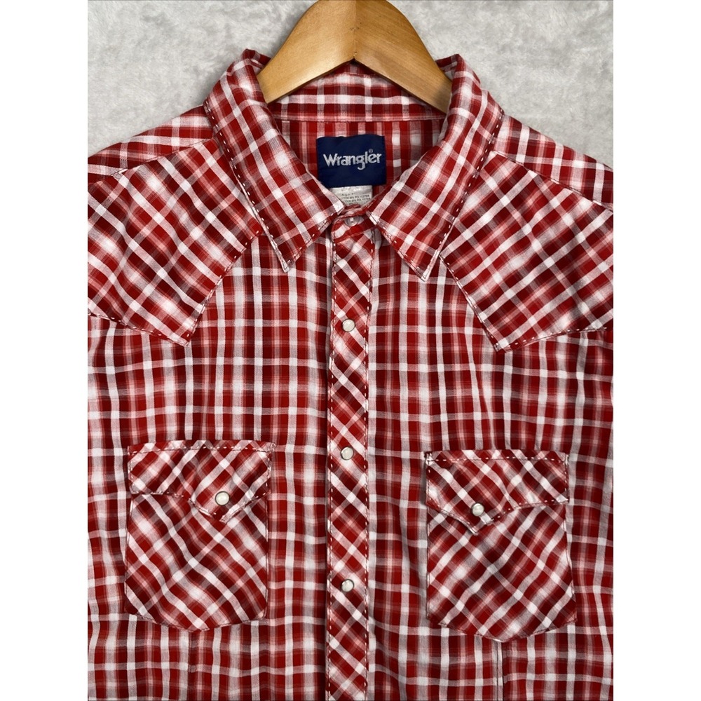 Vintage Wrangler Men's Pearl Snap Western Shirt Plaid XL 90s Red White Cowboy